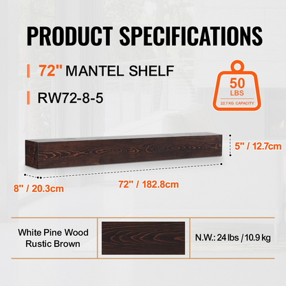 Rustic brown VEVOR fireplace mantel shelf, 72 inches long, handcrafted natural wood wall-mounted decor over fireplace, farmhouse style.