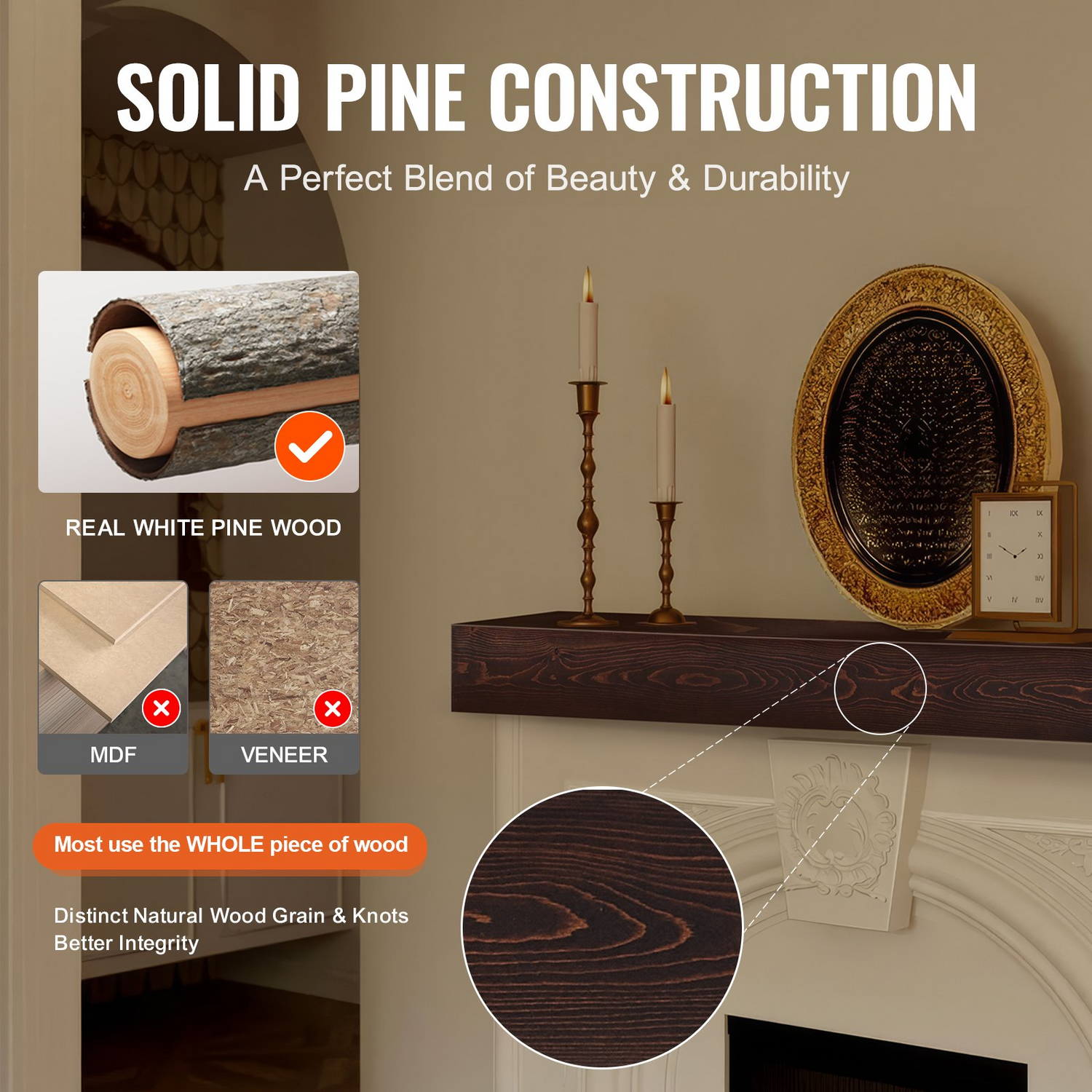 Rustic brown VEVOR fireplace mantel by Start2Finish, wall-mounted farmhouse shelf with natural wood finish, 72 inches long.