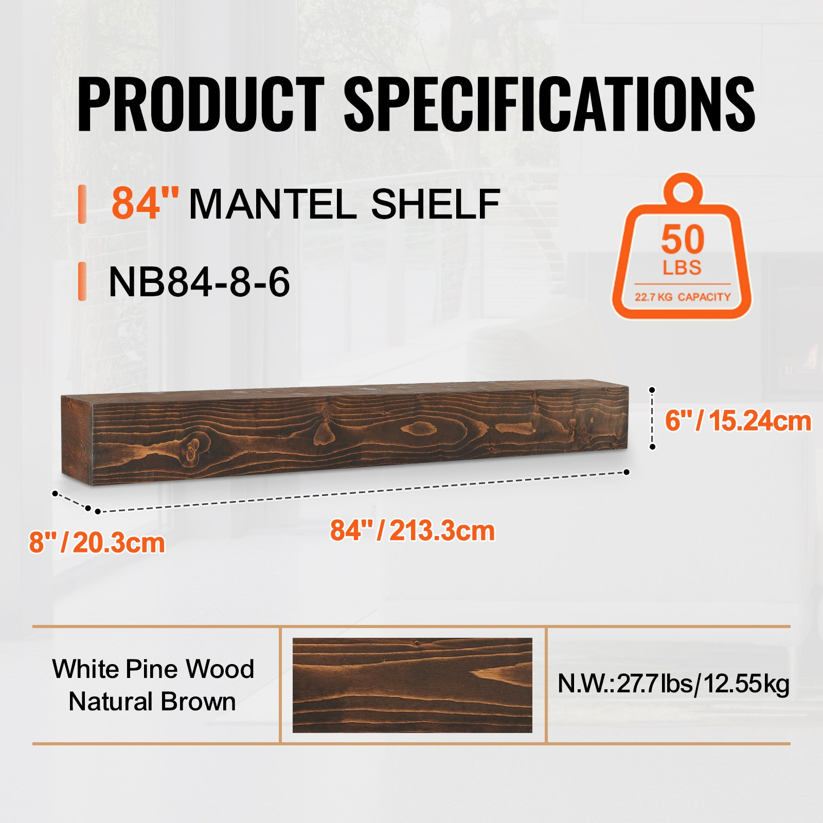 Natural wood fireplace mantel by Start2Finish, 84-inch wall-mounted floating farmhouse shelf with handcrafted rustic brown finish.