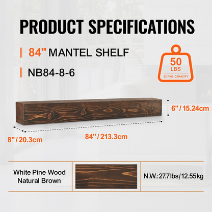 Natural wood fireplace mantel by Start2Finish, 84-inch wall-mounted floating farmhouse shelf with handcrafted rustic brown finish.