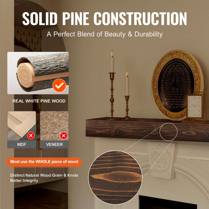 Natural wood fireplace mantel by Start2Finish, 84-inch wall-mounted floating shelf with handcrafted farmhouse style and brown finish.
