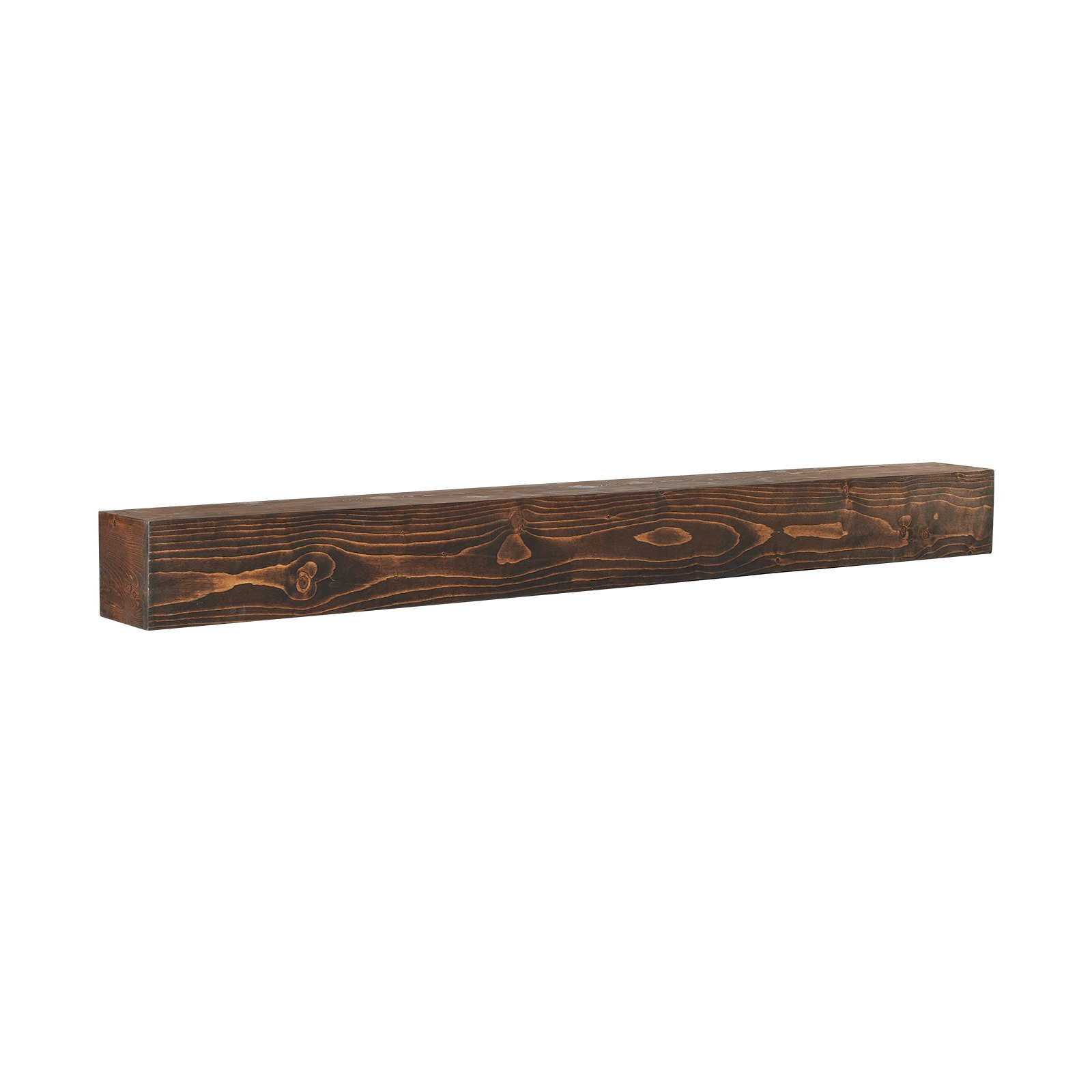 Natural wood fireplace mantel by Start2Finish, 84 inches long, wall-mounted farmhouse shelf with handcrafted rustic finish.