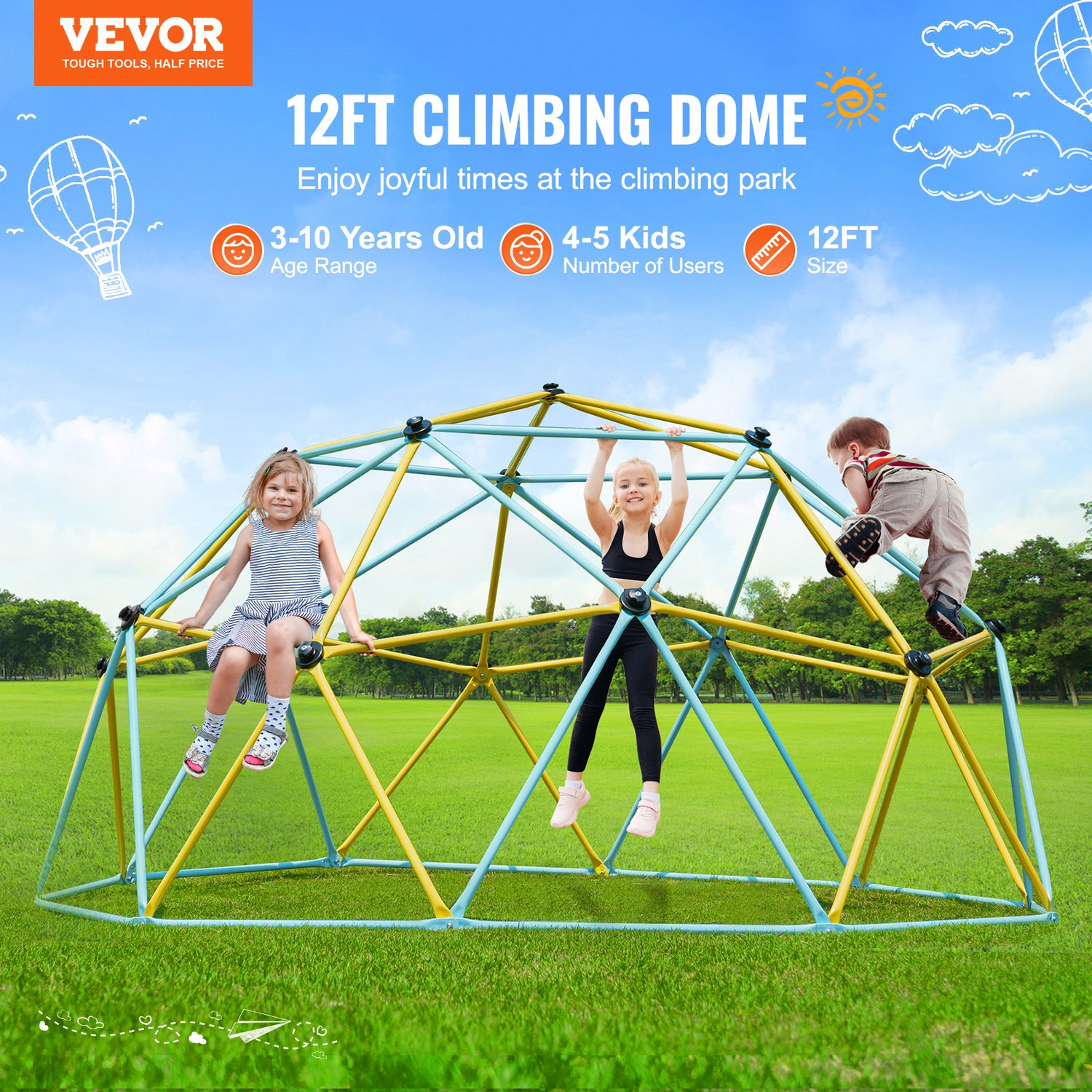 Start2Finish VEVOR 12FT outdoor climbing dome for kids, with climbing grips and sturdy supports, ideal for backyard play.