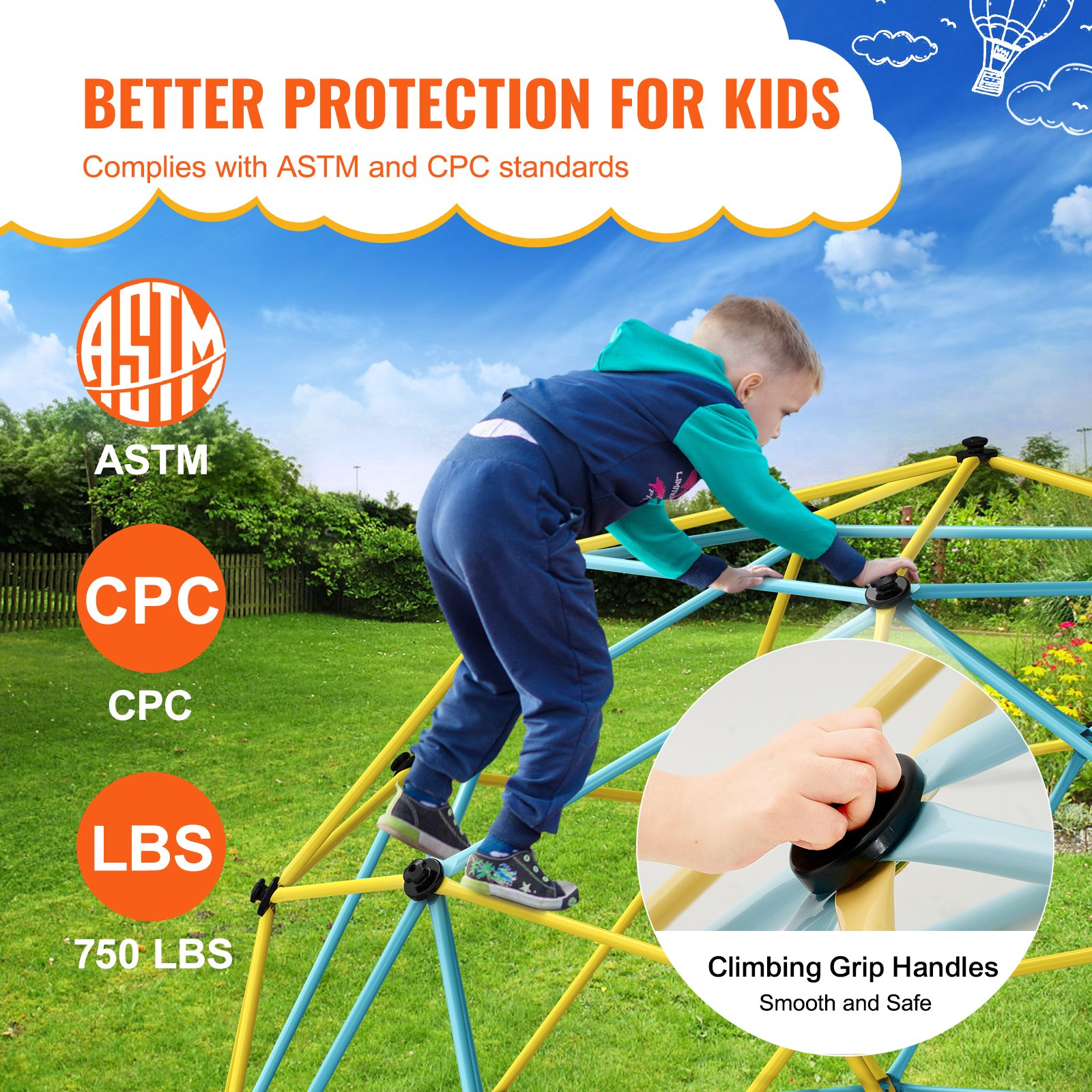 Start2Finish VEVOR 12ft outdoor climbing dome with jungle gym and climbing grips, supports kids ages 3-10 and up to 750 lbs.