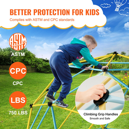 Start2Finish VEVOR 12ft outdoor climbing dome with jungle gym and climbing grips, supports kids ages 3-10 and up to 750 lbs.