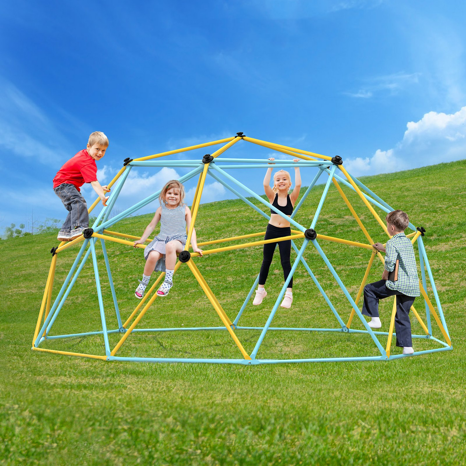 Start2Finish VEVOR 12FT outdoor climbing dome for kids, geometric jungle gym with climbing grips, supports 750 lbs, easy to assemble.