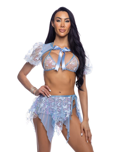 Blue butterfly and sequin multi-layered tie skirt for women by Brown Sooty, featuring flowing fabric and decorative details.