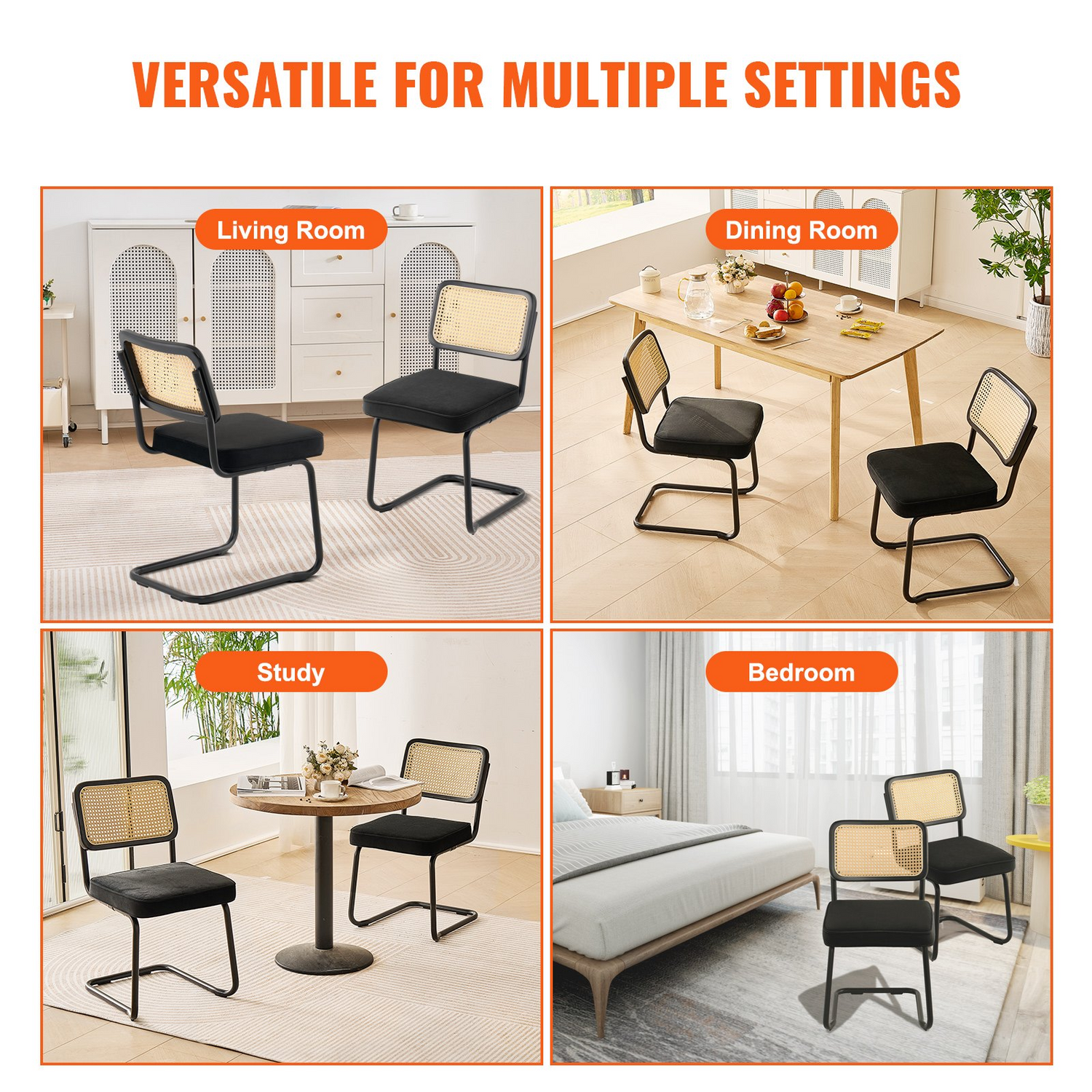 Set of 2 VEVOR rattan chairs with upholstered velvet seats, mid-century modern design, black finish, ideal for dining or living rooms