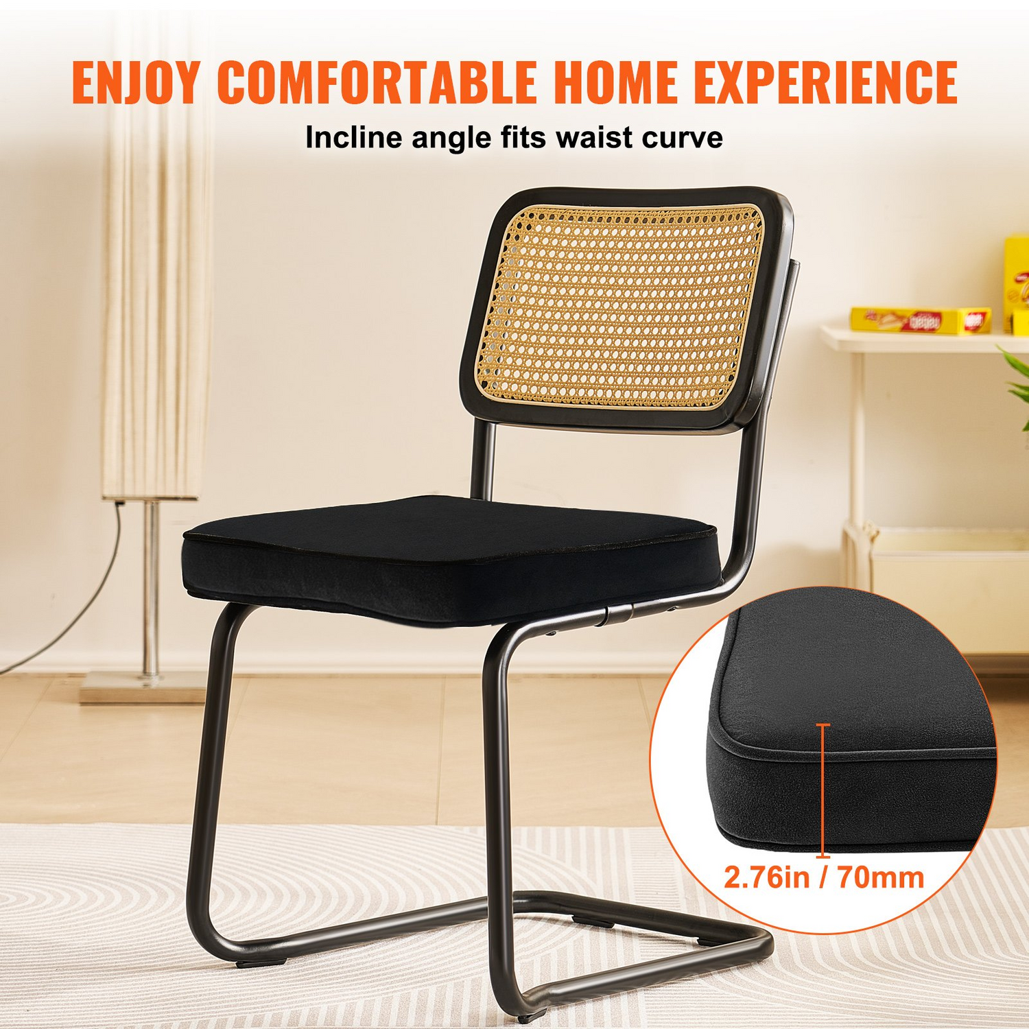 Set of 2 VEVOR rattan chairs with black upholstered velvet seats and rattan backs, mid-century modern dining or accent chairs.