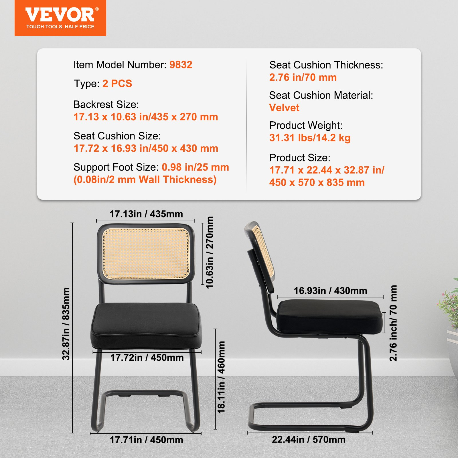 Set of 2 VEVOR rattan chairs with upholstered velvet seats and rattan backs, mid-century modern design for dining or living room use