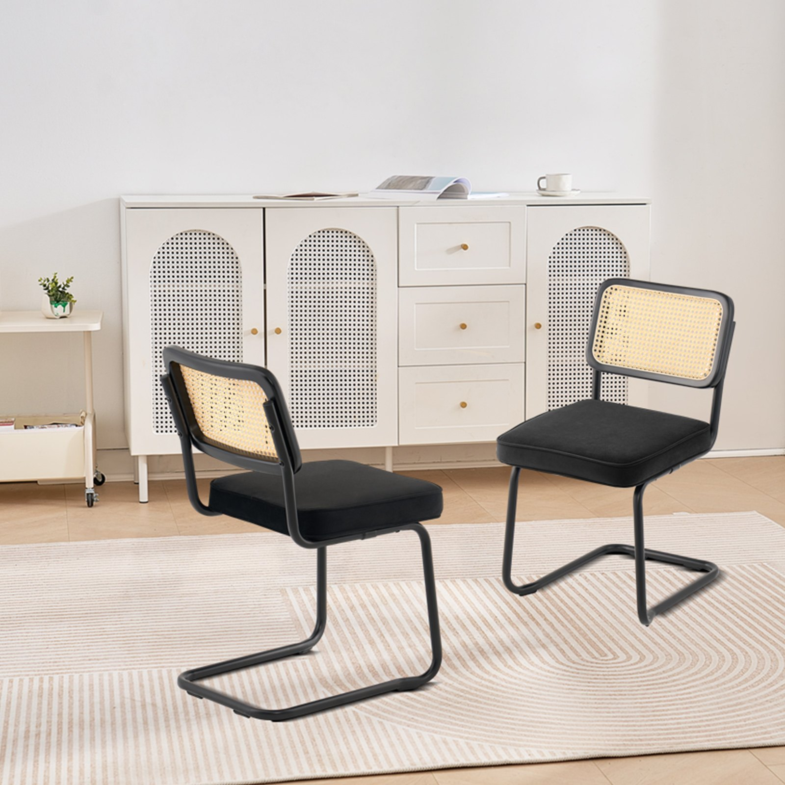 Set of 2 black VEVOR rattan chairs with upholstered velvet seats and rattan backs, mid-century modern dining or accent chairs.