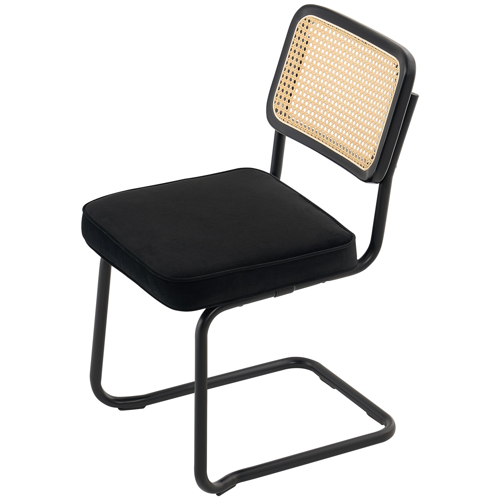 Set of two VEVOR rattan and velvet mid-century modern dining chairs with black finish, upholstered seats, and rattan backrests.
