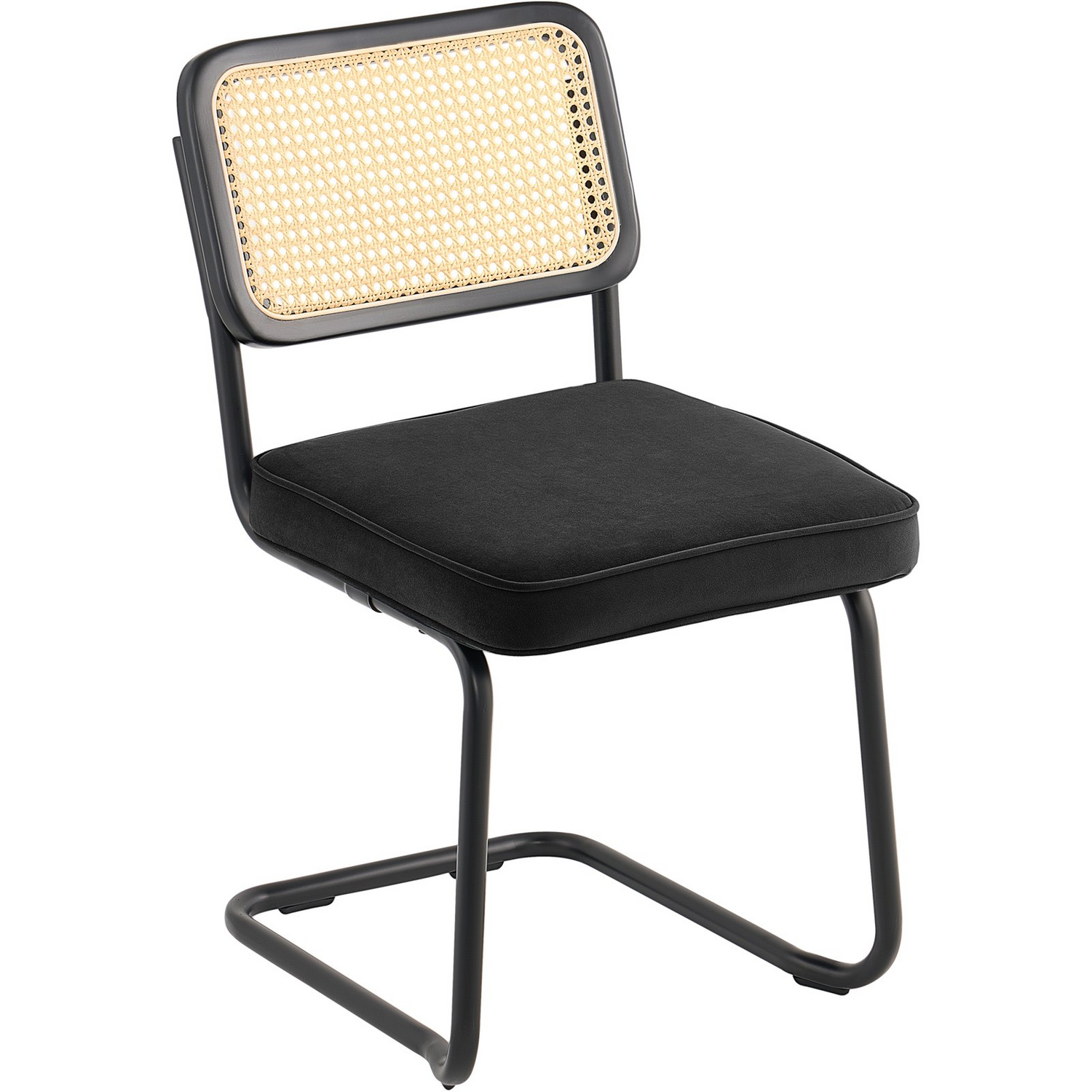 Pair of VEVOR rattan dining chairs with black upholstered velvet seats and rattan backs, ideal for modern kitchen or living room decor