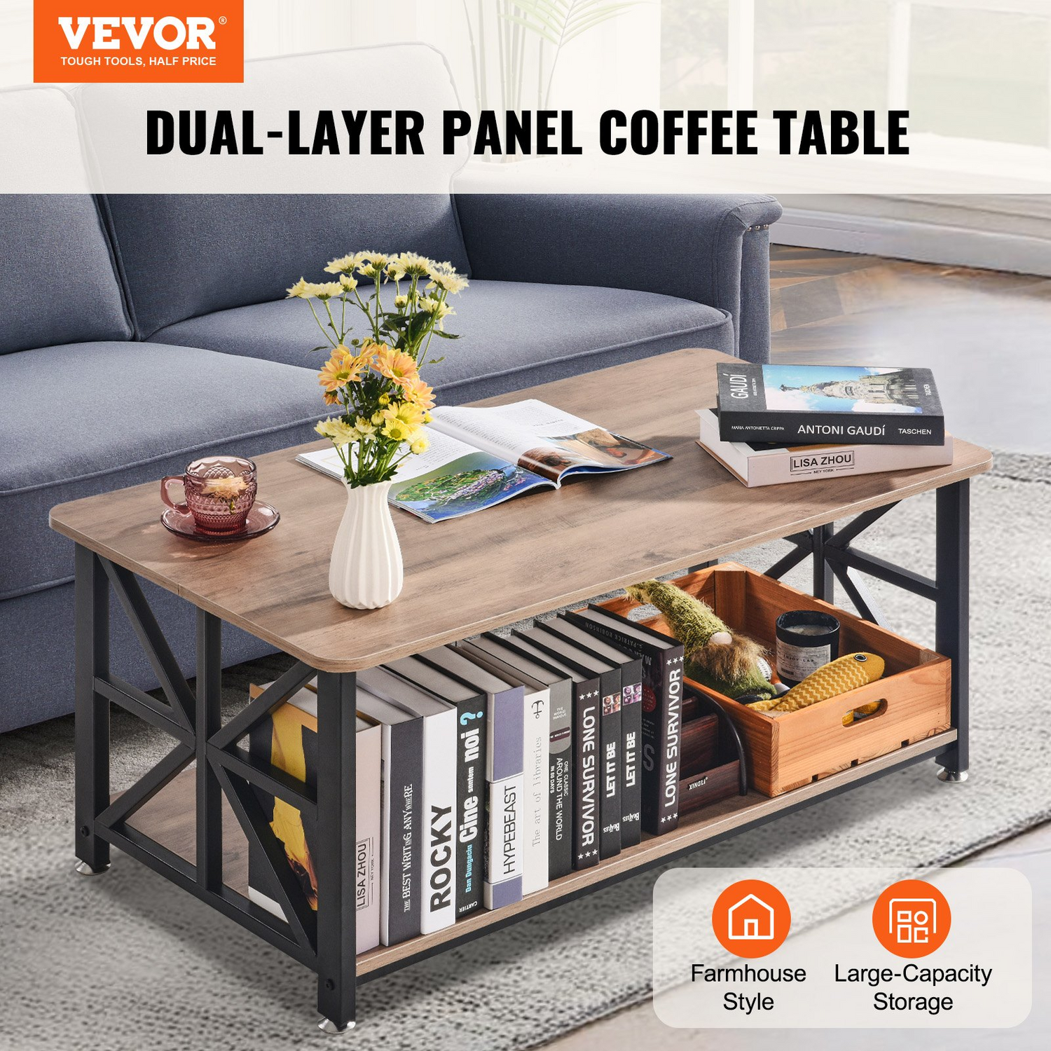 Start2Finish VEVOR 40-inch farmhouse wooden coffee table with open storage, rustic rectangle design for living rooms and bedrooms.