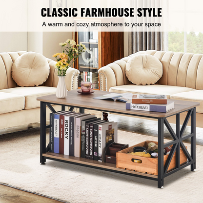 Start2Finish VEVOR 40-inch rustic wooden farmhouse coffee table with open storage, brown and black finish, suited for living rooms and bedrooms.