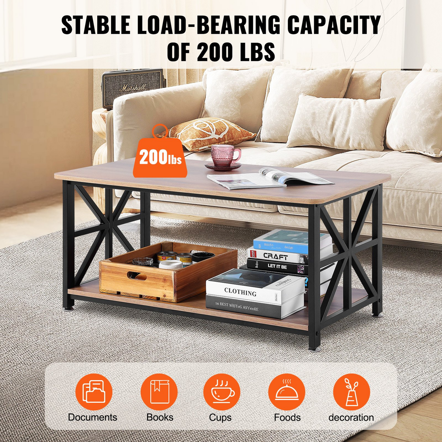 Start2Finish VEVOR 40-inch rustic farmhouse coffee table with open storage, wooden brown and black finish in a living room setting.