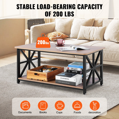 Start2Finish VEVOR 40-inch rustic farmhouse coffee table with open storage, wooden brown and black finish in a living room setting.
