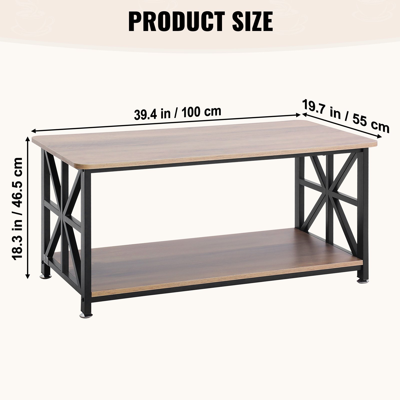 Start2Finish VEVOR 40-inch wooden farmhouse coffee table with open storage, rustic brown and black rectangle table for living room.
