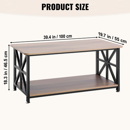 Start2Finish VEVOR 40-inch wooden farmhouse coffee table with open storage, rustic brown and black rectangle table for living room.