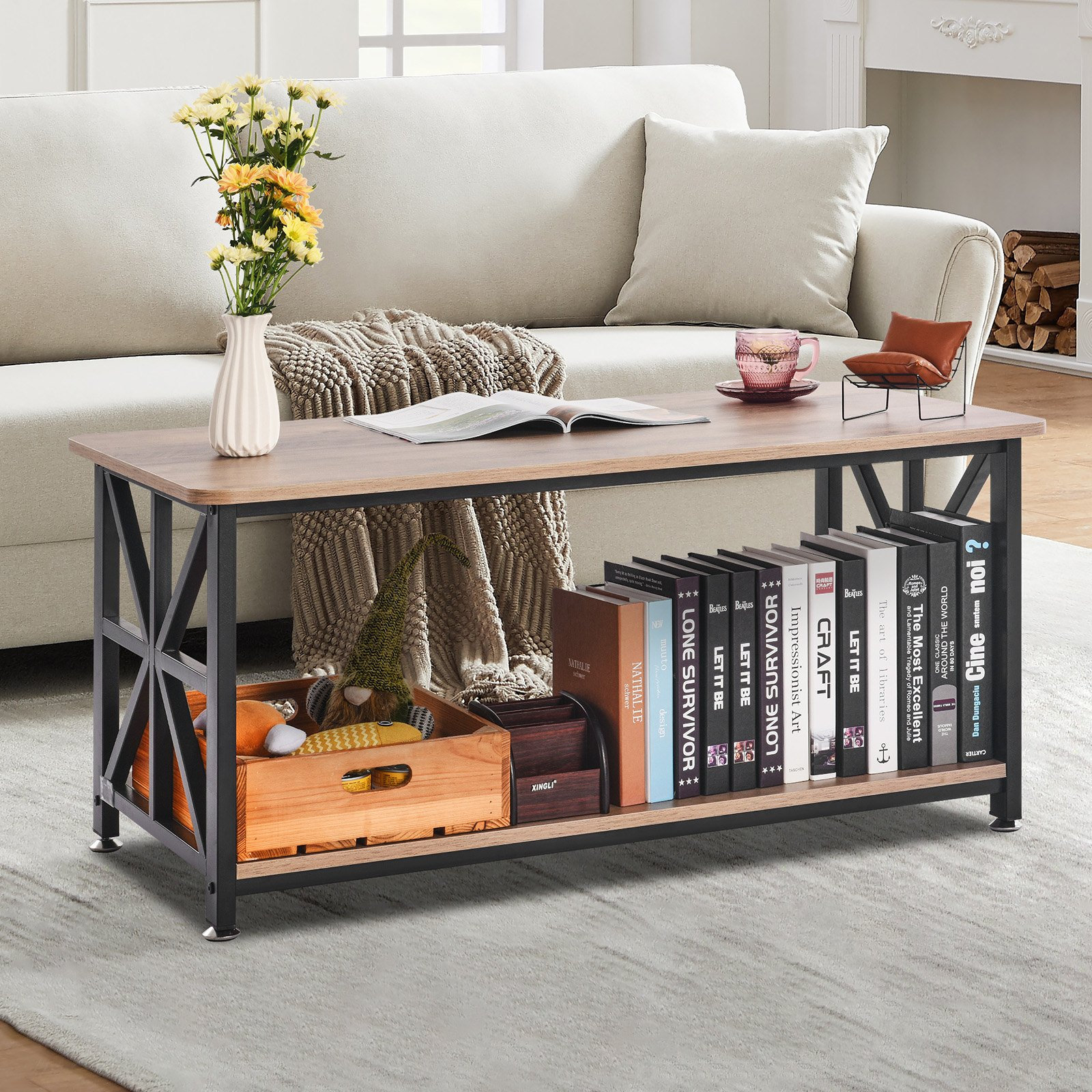 Start2Finish VEVOR 40-inch farmhouse wooden coffee table with open storage, rustic brown and black finish, ideal for living room or bedroom.