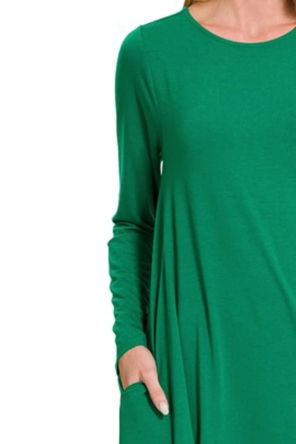 Automotive Jade Icarus Zenana long sleeve flare dress with pockets, featuring a stylish design and comfortable fit.