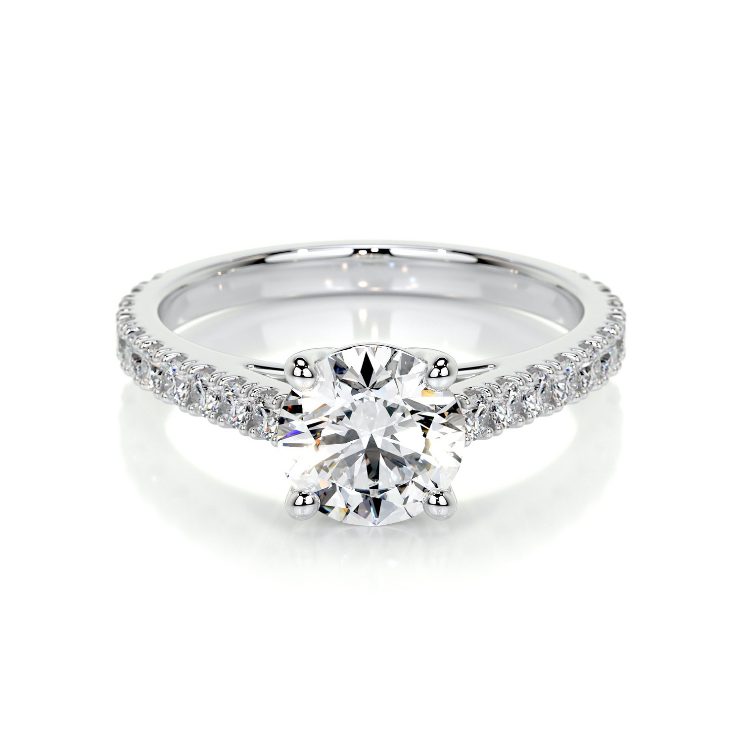 Round brilliant lab-grown diamond channel engagement ring in 14K white gold with F/VS clarity and sparkle.