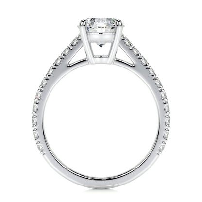 Round brilliant lab-grown diamond channel setting engagement ring in 14K white gold with F/VS quality stones.