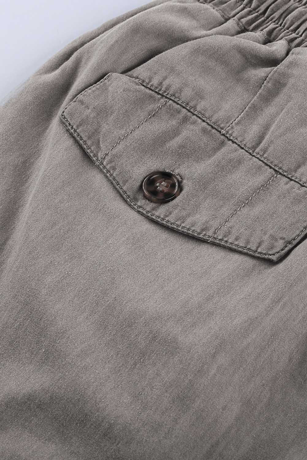 Gray drawstring cargo pocketed joggers for women by Lavender Pallas, featuring a relaxed fit with side pockets and adjustable waist.