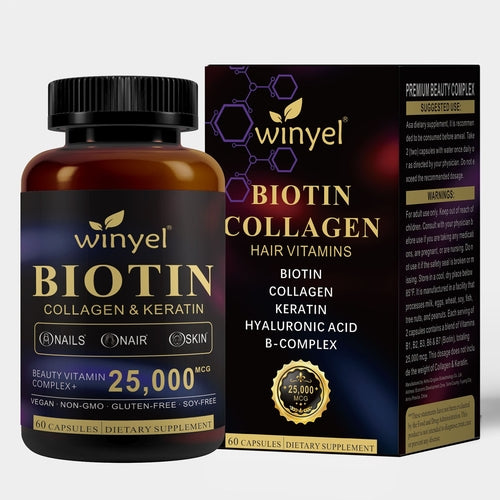Pear Daisy biotin, collagen, hyaluronic acid, and keratin supplement for supporting normal hair in a home and garden setting.