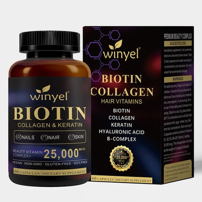Pear Daisy biotin, collagen, hyaluronic acid, and keratin supplement for supporting normal hair in a home and garden setting.