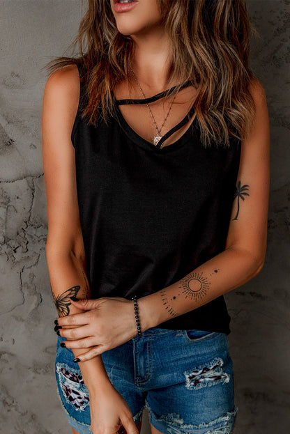 Black strappy hollow-out neck tank top by Harlequin Daisy, featuring a stylish cutout design and slim straps.