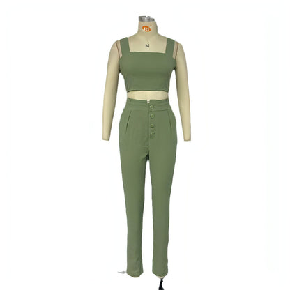 Carmine Juneberry matching set featuring a short crop-top, spaghetti straps, high waist trousers, two-piece stylish outfit.