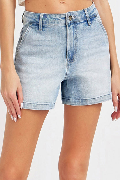 Jade Icarus Risen high-rise denim shorts with a full size fit, showcasing distressed details and classic five-pocket design.