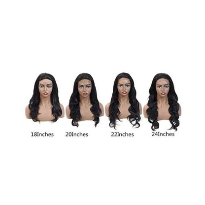 Natural color 4x4 lace closure wig with body wave human hair, soft texture, and full body, styled on a mannequin head.