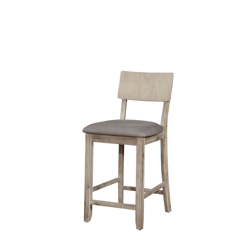 Gray wash Jordan 24-inch counter stool by Start2Finish with a wooden frame and cushioned seat.