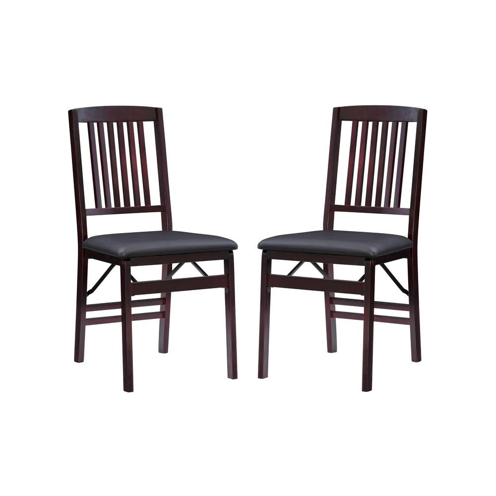 Set of two Triena 18-inch mission back folding chairs by Start2Finish, featuring wooden frames and padded seats for comfort.
