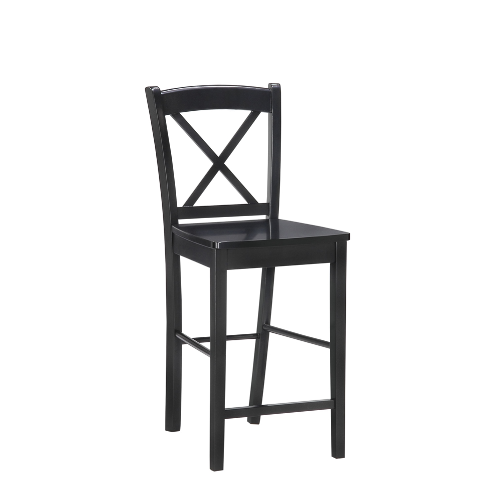 Black 30-inch X-back bar stool from Start2Finish, featuring a sturdy wooden seat and stylish X-back design for bar area seating.