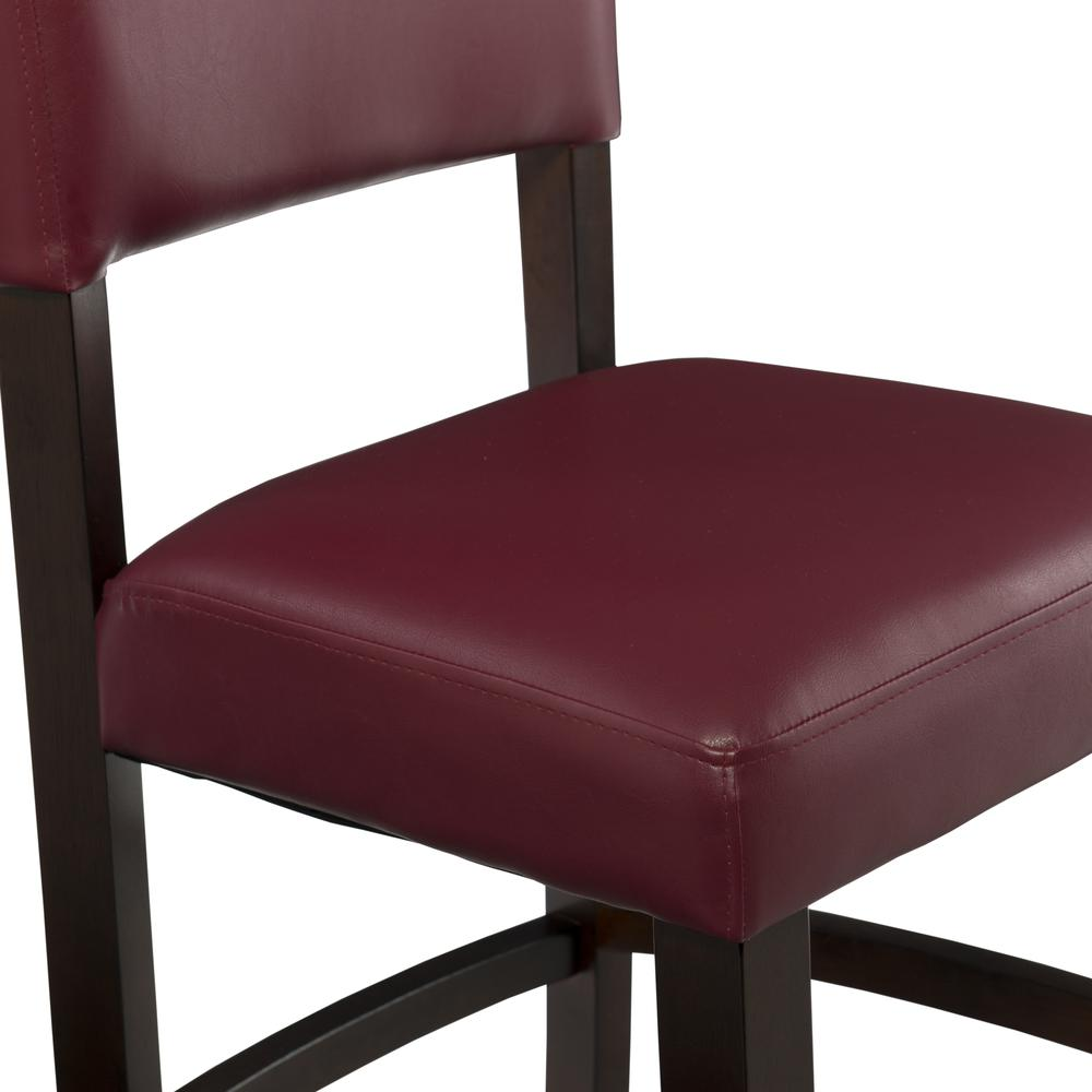 Red Monaco counter stool by Start2Finish featuring a sleek design and sturdy wooden legs, perfect for kitchen or bar seating.