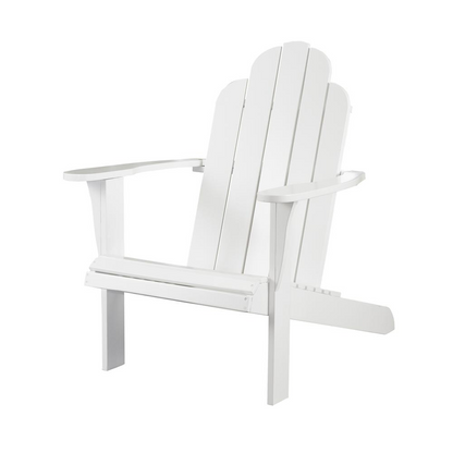 White Adirondack chair by Start2Finish, showcasing a classic outdoor lounge chair with wide armrests and slatted backrest.
