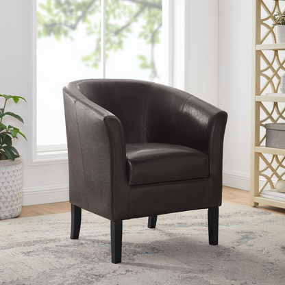 Start2Finish Simon Brown Club Chair with plush fabric and classic design, shown in a cozy living room setting.