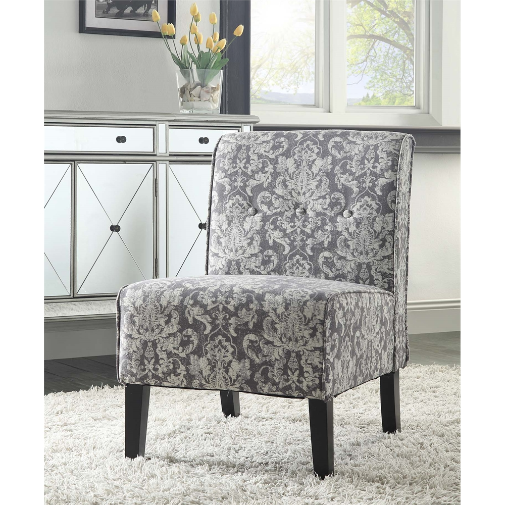 Gray damask Coco Accent Chair by Start2Finish featuring plush upholstery and elegant design, perfect for stylish living spaces.