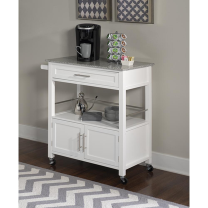 Start2Finish Cameron White Kitchen Cart with granite top, featuring storage shelves and a sturdy metal frame.