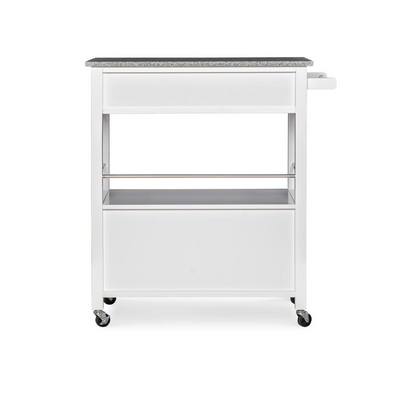 Start2Finish Cameron White kitchen cart with granite top, featuring storage shelves and a sturdy design for kitchen use.