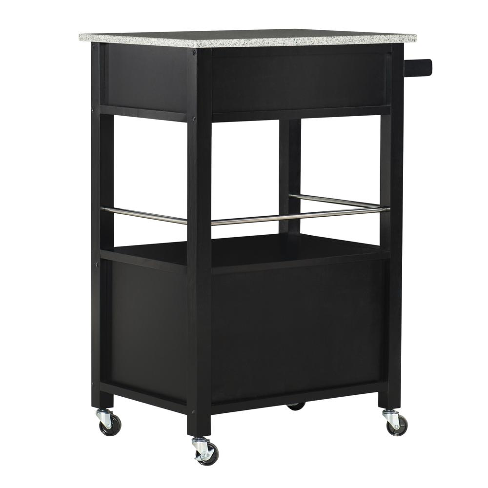 Mitchell Black kitchen cart with granite top, featuring storage shelves and wheels, from Start2Finish.