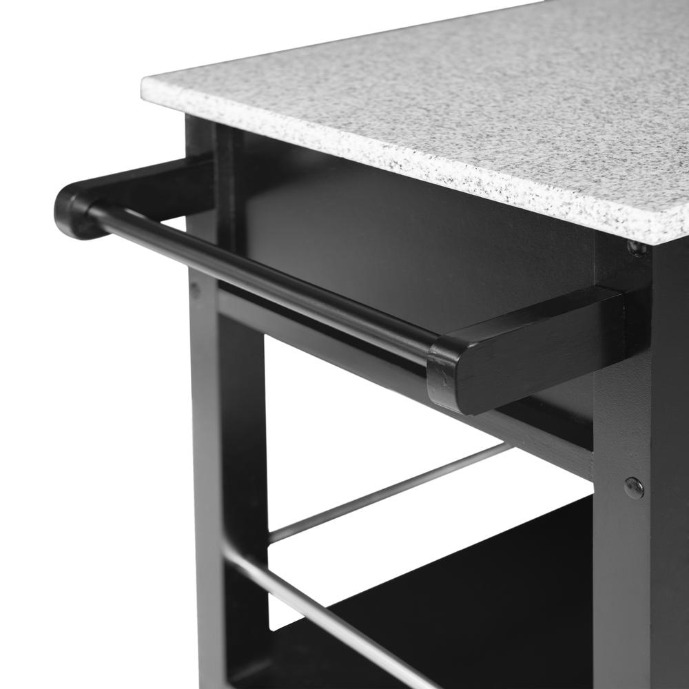 Start2Finish Mitchell Black kitchen cart with granite top, featuring storage shelves and a sturdy wood frame.