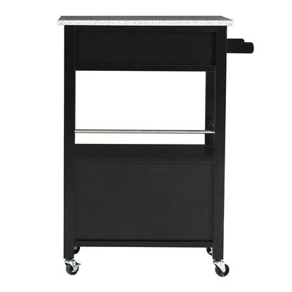 Mitchell Black Kitchen Cart with granite top and storage shelves, constructed by Start2Finish for versatile kitchen use