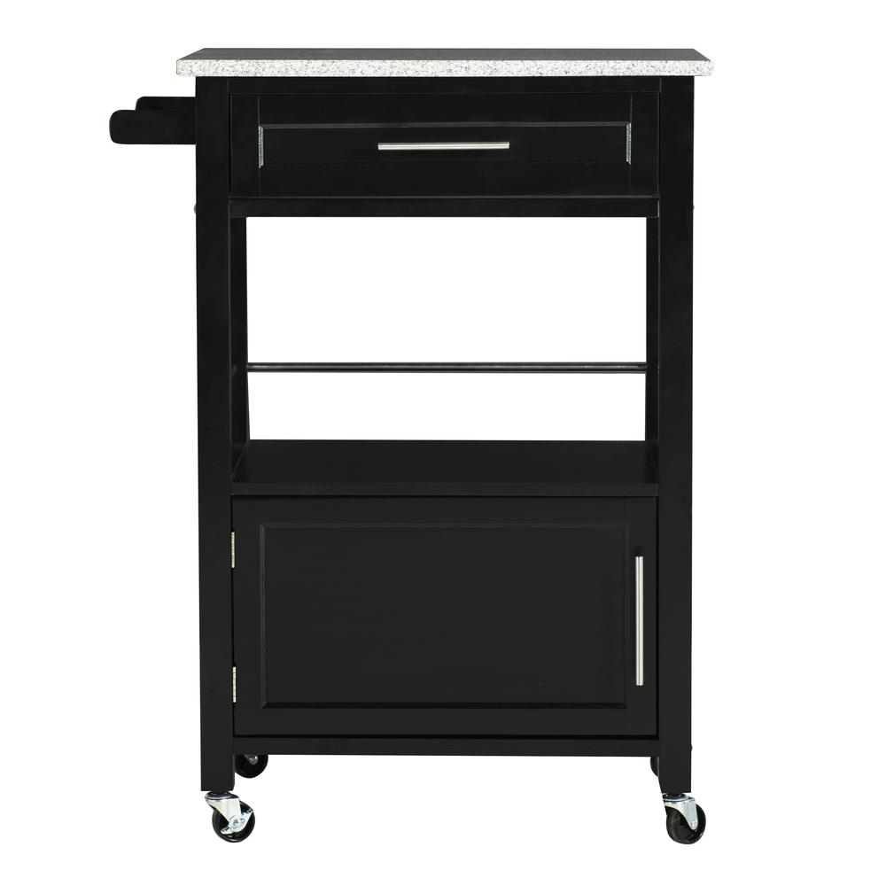 Mitchell Black kitchen cart with granite top, sturdy wood frame, and storage shelves, ideal for kitchen organization and prep space.