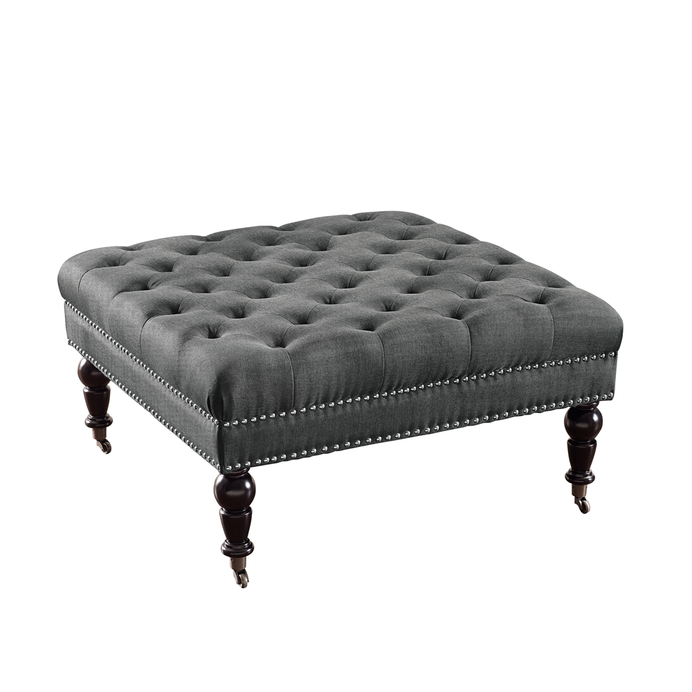Start2Finish Isabelle Charcoal Square Tufted Ottoman made of fabric with button-tufted top and sturdy wooden legs.