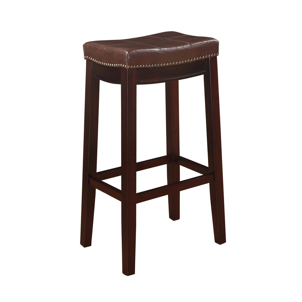 Start2Finish Claridge brown barstool with wooden legs and cushioned seat, shown from a side angle.