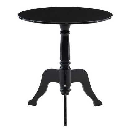 Black acrylic end table by Start2Finish with a sleek, modern design and smooth surface, ideal for contemporary living spaces.